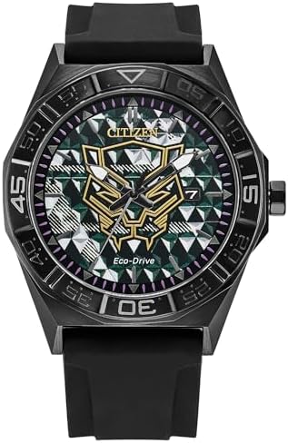 CITIZEN Men's Eco-Drive Marvel Black Panther, 42mm Black Stainless Steel Case with a Black Dial & Silicone Strap (Style: AW1858-03W)