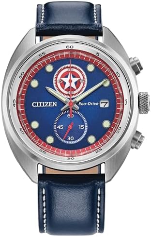 CITIZEN Mens Eco-Drive Captain America 85th Anniversary Chronograph & Collectors Coin, 41mm Silver-Tone Stainless Steel Case with a Blue Leather Strap & Blue Dial (Style: CA7046-46W)