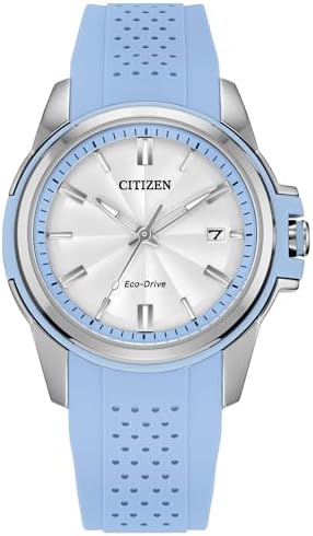 CITIZEN Ladies Eco-Drive Veya, 33.4mm Silver-Tone Stainless Steel Case with a Blue Silicon Strap & Silver-White Dial (Style: FE1260-09A)