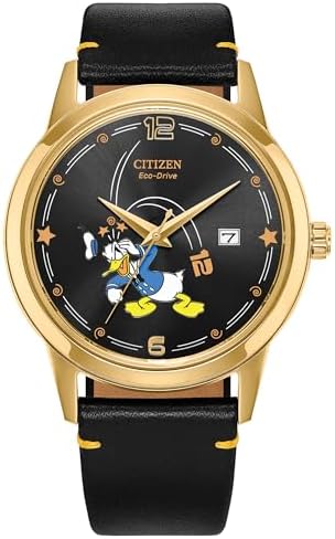 Citizen Men's Eco-Drive Disney Donald Duck Watch, Black Leather Strap, Black Dial, Date (Model: AW1789-04W)