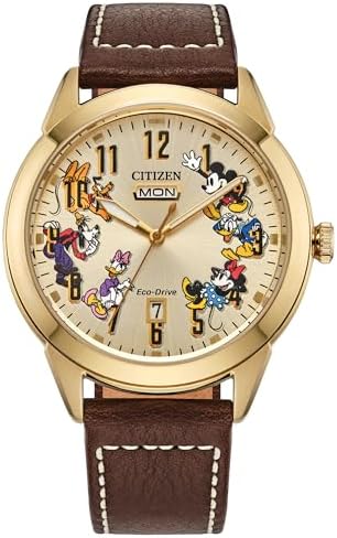CITIZEN Men's Eco-Drive Disney Mickey Mouse & Friends, Gold Tone Stainless Steel Watch, Brown Leather Strap, 3 Hand, (Model: AW0093-04W)