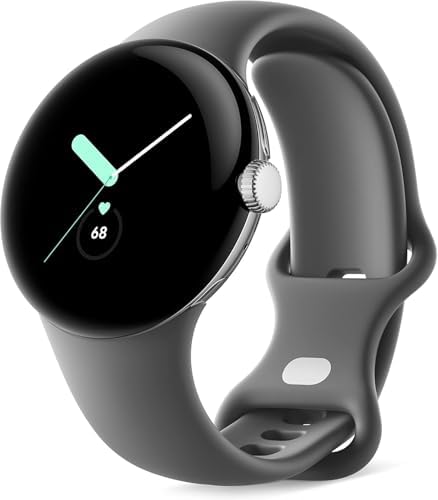 Google Pixel Watch, 41mm Polished Silver Case w/Charcoal Active Band, Android Smartwatch, Fitbit Activity, Fitness, Sleep, Heart Rate Tracking, LTE Support (Renewed)