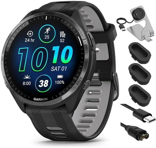 Garmin 010-02809-00 Forerunner 965 Running Smartwatch Black and Powder Gray Bundle with Deco Essentials Charging Dock, Silicone Dust Cover 3 Pack and USB Type C Charging and Sync Cable