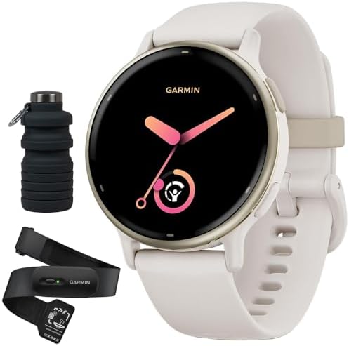 Garmin Vivoactive 5 Fitness Smartwatch, Ivory with HRM 200 Heart Rate Monitor Strap (M-XL) Bundle with Deco Essentials Collapsable Water Bottle