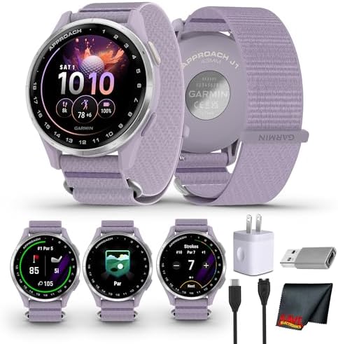 Garmin Approach J1, Junior Golf Watch with GPS, Bright and Colorful Display,Features for Learning and Improving, Silver Aluminum Bezel with Lilac ComfortFit Fabric Band Bundle