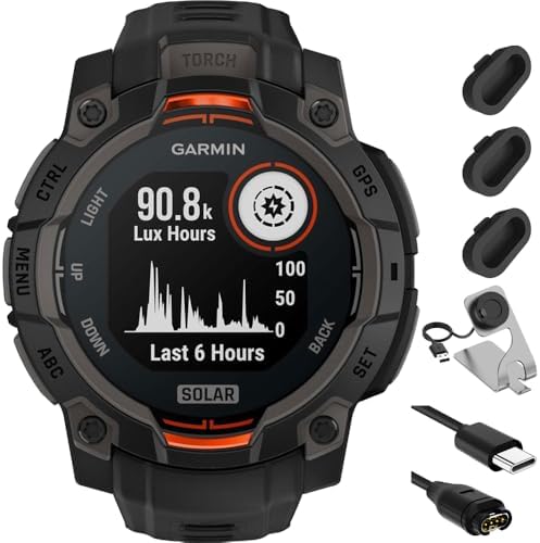 Garmin Instinct 3-45 mm Outdoor GPS Smartwatch, Solar, Black with Black Band Bundle with Deco Essentials Charging Dock Venu 3 + Silicone Dust Cover + USB Type C Charging and Sync Cable