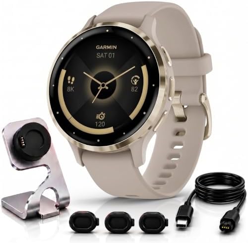 Garmin Venu 3S Soft Gold Stainless Steel Bezel AMOLED Smartwatch, 41mm Ivory Case, 010-02785-04 - Bundle w/Deco Essentials Charging Dock, Dust Cover and USB-C Cable