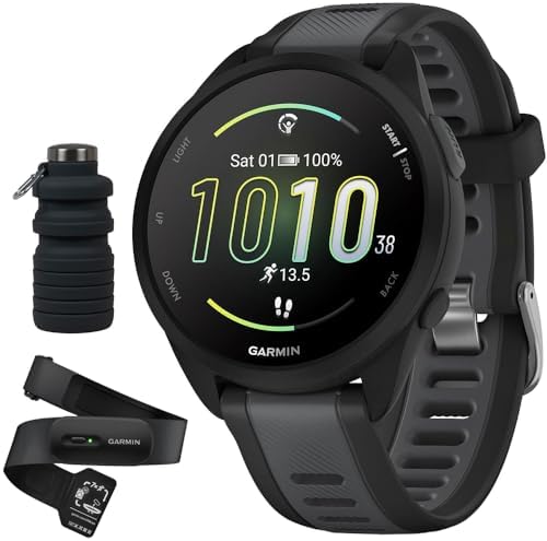 Garmin Forerunner 165 Smart Sport Watch, Black + Slate Gray with HRM 200 Heart Rate Monitor Strap (M-XL) Bundle with Deco Essentials Collapsable Water Bottle