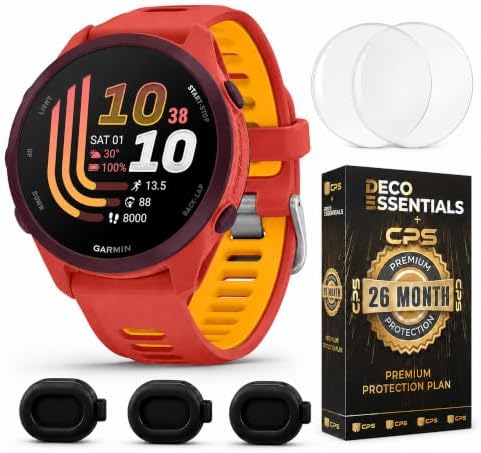 Garmin Forerunner 170 Music, 1.2" AMOLED GPS Running Watch, On-Watch Music, 10-Day Battery, Red Pink/Mango, 010-03920-13 w/Deco Essentials 26-Month CPS, Screen Protector & 3-Pack Dust Cover