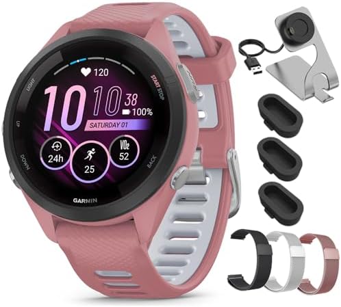 Garmin Forerunner 265S Running GPS Smartwatch, AMOLED Display, 42mm, Light Pink/Whitestone, 010-02810-05 - Bundle w/Deco Essentials 18mm Milanese Bands, Dock and Dust Cover