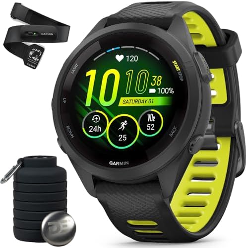 Garmin Forerunner 265S Running GPS Smartwatch, AMOLED Display, 42mm, Black/Amp Yellow, 010-02810-03 - Bundle w/Deco Essentials Heart Rate Monitor M-XL Strap and Water Bottle