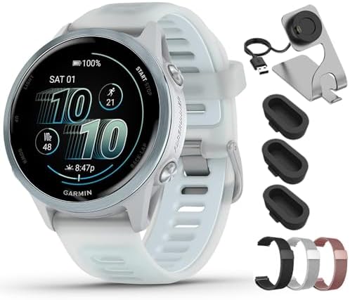 Garmin Forerunner 570-42mm GPS Smartwatch Aluminum and Whitestone/Blue Band 010-02970-01 Bundle with Deco Essentials 20mm Milanese Band 3 Pack, Charging Dock and Silicone Dust Cover 3 Pack
