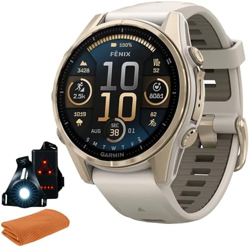 Garmin Fenix 8 43mm AMOLED Sapphire Multisport GPS Smartwatch, Soft Gold with Fog Gray Sandstone Silicone Band, 010-02903-10 - Bundle w/Deco Essentials Cooling Towel and Commuter Safety Lights
