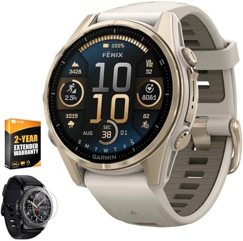 Garmin Fenix 8 43mm AMOLED Sapphire Multisport GPS Smartwatch, Soft Gold with Fog Gray Sandstone Silicone Band, 010-02903-10 - Bundle w/Deco Essentials 26-Month CPS Plan