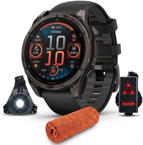 Garmin Fenix 8 47mm AMOLED Sapphire Multisport GPS Smartwatch, Carbon Gray Titanium with Black Silicone Band, 010-02904-20 - Bundle w/Deco Essentials Cooling Towel and Commuter Safety Lights