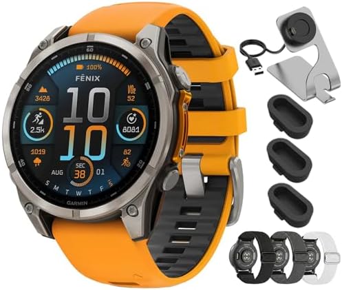 Garmin Fenix 8 47mm AMOLED Sapphire Multisport GPS Smartwatch, Titanium with Spark Orange Silicone Band, 010-02904-10 - Bundle w/Deco Essentials 22mm Nylon Elastic Bands, Dock and Dust Cover