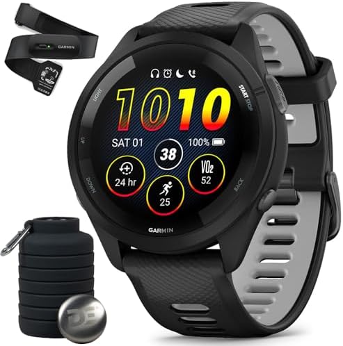 Garmin Forerunner 265 Running GPS Smartwatch, AMOLED Display, 46mm, Black/Powder Gray, 010-02810-00 - Bundle w/Deco Essentials Heart Rate Monitor M-XL Strap and Water Bottle
