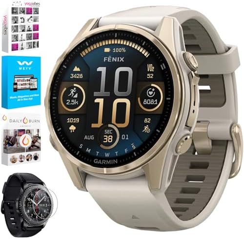 Garmin Fenix 8 43mm AMOLED Sapphire Multisport GPS Smartwatch, Soft Gold with Fog Gray Sandstone Silicone Band, 010-02903-10 - Bundle w/Deco Essentials Screen Protector and Fitness and Wellness Suite