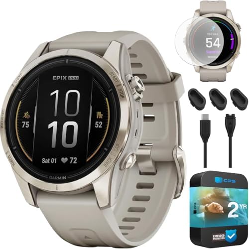 Garmin epix Pro (Gen 2) Sapphire Edition, 42mm, High Performance Smartwatch, Advanced Training Technology, Built-in Flashlight, Light Sand - Bundle w/Deco Essentials 2-Year CPS Plan