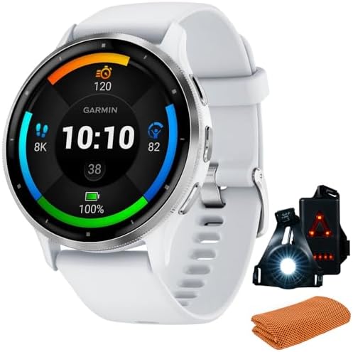 Garmin 010-02784-00 Venu 3 Health Fitness GPS Smartwatch Silver Steel Bezel Whitestone Case (45mm) | Official USA Partner Model | Bundle with Towel, Deco Essentials Commuter Front, Rear Safety Light