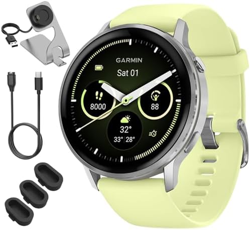 Garmin Venu 4 45mm Health and Fitness GPS Smartwatch, AMOLED, Silver with Citron Silicone Band, 010-03014-02 - Bundle w/Deco Essentials Charging Dock, Dust Cover and USB-C Cable