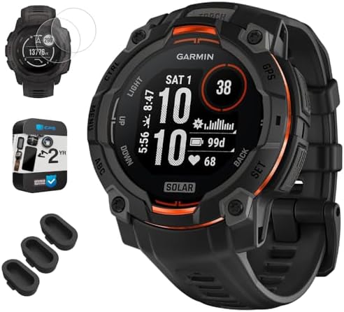 Garmin 010-02934-00 Instinct 3-45 mm Outdoor GPS Smartwatch Solar Black with Black Band Bundle with Silicone Dust Cover 3 Pack, Screen Protector 2-Pack and 2 YR CPS Enhanced Protection Pack