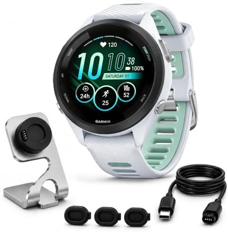 Garmin Forerunner 265S Running GPS Smartwatch, AMOLED Display, 42mm, Whitestone/Neo Tropic, 010-02810-04 - Bundle w/Deco Essentials Charging Dock, Dust Cover and USB-C Cable